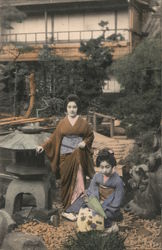 Two Ladies Wearing Kimonos Enjoy Their Garden Postcard