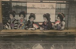 Five Women in Traditional Japanese Attire holding Fans, colorized Postcard