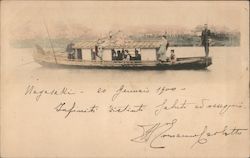Flat bottomed boat with mostly women in traditional Japanese Attire Postcard