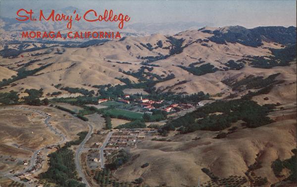 Aerial view of St. Mary's College nesting in the rolling hills of Contra Costa County Moraga California