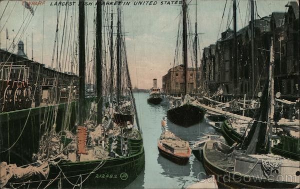 T. Wharf Largest fish market in the United States. Fishing boats docked. Boston Massachusetts