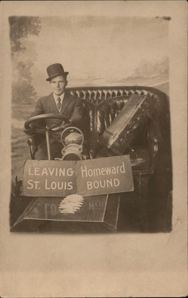 Leaving St. Louis Homeward Bound. Photo of man in car, photo studio Missouri
