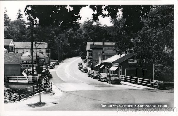Business section, car lined street Sandy Hook Connecticut