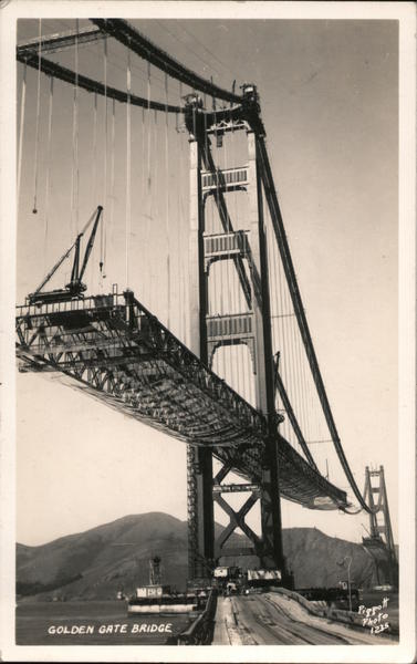 Golden Gate Bridge. Construction, cranes. Piggott Photo San Francisco California