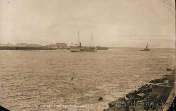 Crossing the bar, Bandon Beach, pier, sail boat, steamer Oregon