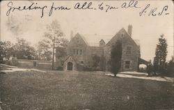 Chateau building of stone, tall brick patio Postcard