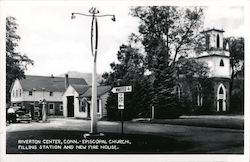 Riverton Center Episcopal Church, Filling Station and New Fire House Postcard