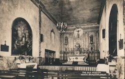 Old Mission, inside view of altars, crosses, pews, confessional Postcard