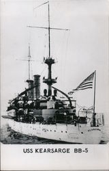 Uss Kearsarge BB-5 at sea, American Flag, sailors on deck. Postcard