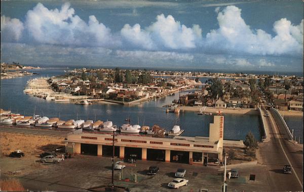 Aerial view of Balboa Island, docks, boats Newport Beach California