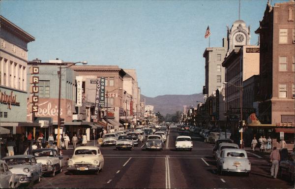 Fourth Street view. Cover Girl, Roblee, Drugs, clock tower, mountains Santa Ana California
