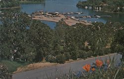 Lake Berryessa. Spanish Flat Resort, dock, boats, cars Postcard