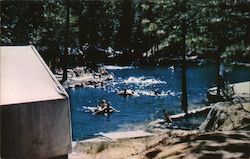 Tuolumne Camp, tents, playing in river beach, Stanislaus National Forest. Postcard