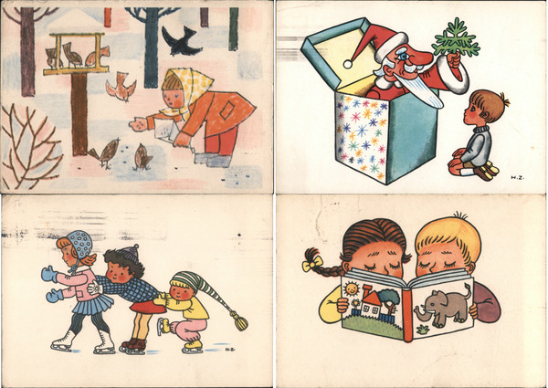 Set of 4: Czech Christmas Postcards with Children Artist Signed