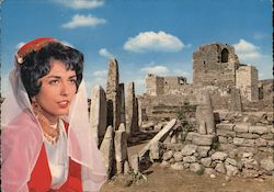 Lebanese Girl in Oriental Dress at the Ruins of Byblos Postcard