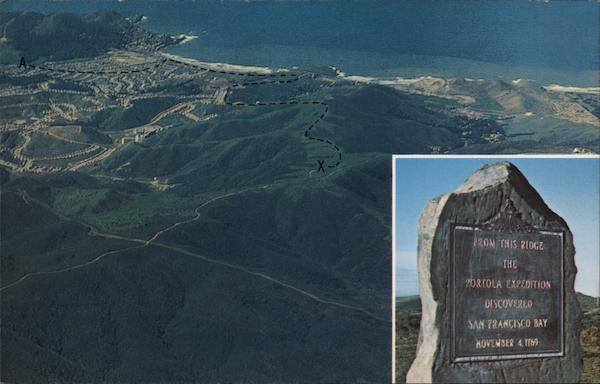Map,site marker and Aerial View of Portola expedition Pacifica California