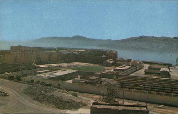 Recreation field, industrial area and back view of San Quentin Prision San Francisco California