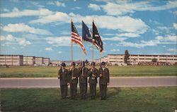 Color Guard with the new barracks in the background Postcard