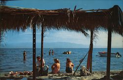 People on beach and in water with boats Salton City, CA Carlos Elmer Postcard Postcard Postcard