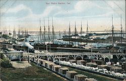 San Pedro Harbor, sailing ships, train Postcard