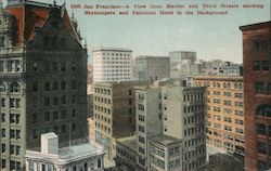 Skyscrapes, Fairmount Hotel, Market and Third Street view Postcard