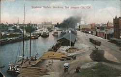 Stockton Harbor, docks, paddle boat, lumber Postcard