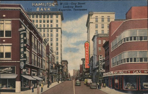 Gay Street looking north, Hamilton bank, Baums Knoxville Tennessee