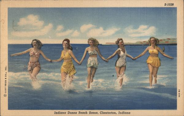 Indian Dunes Beach scene, five bathing beauties playing in surf Chesterton Indiana
