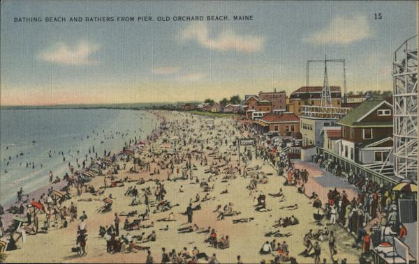 Bathing beach and bathers from pier. Old Orchard Beach Maine