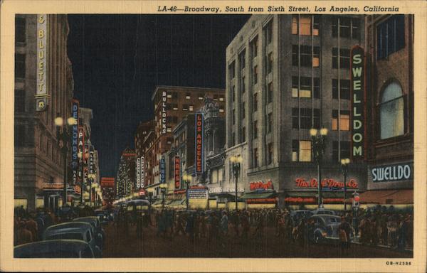 Broadway, South from Sixth Street. Desmonds, Swelldo, Kress, Bullocks Los Angeles California