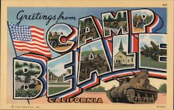 Greetings from Camp Beale, military equipment, church, flag Postcard