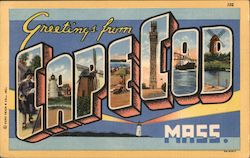 Greetings from Cape Cod. Lighthouses, windmills, boats, beach Postcard