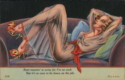 Cartoon woman in see through nightie on sofa. Been meanin' to write for I'm no snob Postcard