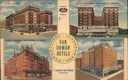 The Van Orman Hotels. Decatur and Rockford, Illinois. Evansville and Terre Haute, Indiana Advertising Postcard Postcard Postcard