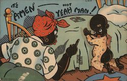 It's Amen not Yeah Man! Mammy shaking finger at praying boy. Postcard