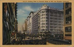 Looking west on Seventh Street at Hill. Trolley, Warner Bros building Los Angeles, CA Postcard Postcard Postcard