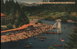 A fine beach along the Russian River. Beach bathers, canoes, river bend Guerneville, CA Postcard Postcard Postcard