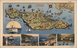 Map of Catalina Island, harbors, ships, water recreation Postcard