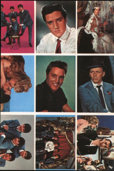 Quantity Postcards Examples. Elvis, Sinatra, Beatles, Queen Elizabeth, James Bond, Brigitte Bardot