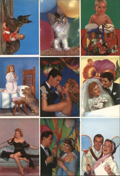 Quantity Postcards Examples. Cats, Dogs, Children, couples, girl in black nightie with phone