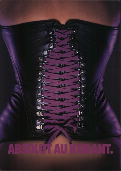Absolut Au Kurant. Purple laces on black corset. Rack Cards