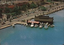 Aerial view of floating restaurant "Bali". Indonesian specialties. Pier with boats Aruba, Netherlands Antilles Caribbean Islands Postcard