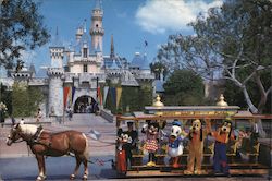 Sleeping Beauty Castle, horse drawn streetcar, Mickey, Minnie, Donald, Pluto, Goofy Postcard