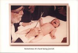 Sometimes it's hard being Jewish. Baby getting circumcised with big scissors. Postcard