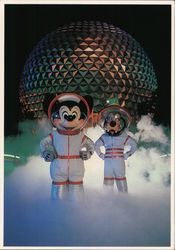 Epcot. Micky and Goofy in spacesuits in front of Geosphere Postcard