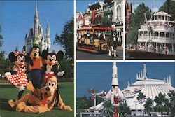 Magic Kingdom. Minnie, Goofy, Mickey, Goofy posed in front of Cinderella's Castle, future world, paddle boat, trolley Postcard