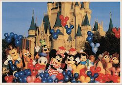 Magic Kingdom. Many Disney characters, Cinderella Castle, balloons Postcard