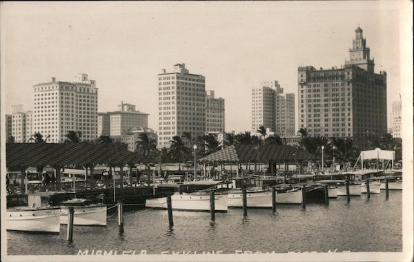 Miami FL skyline and boat marina Florida