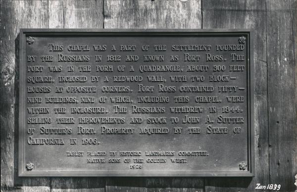 Plaque at Fort Ross Chapel California