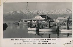 Desert Beach pier, boats, Santa Rosas mountains, Salton Sea Postcard